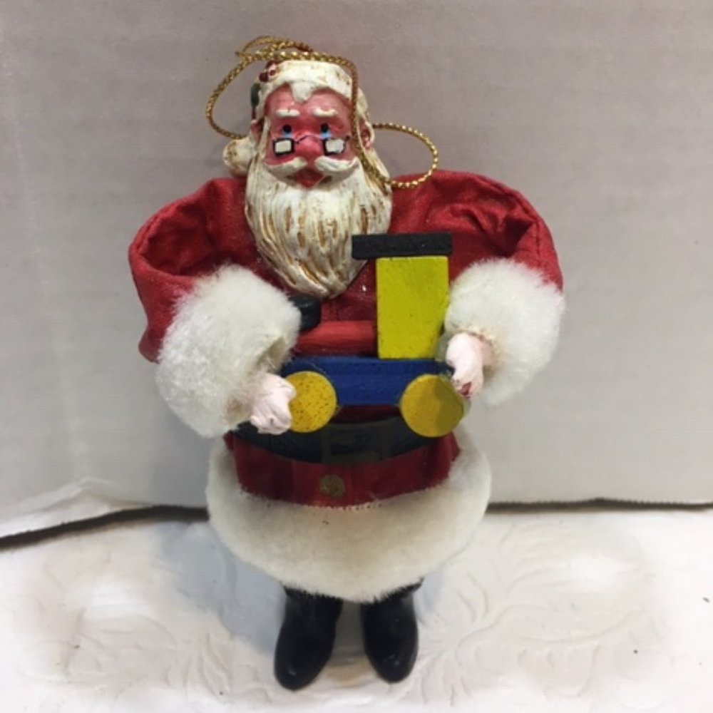 VTG Santa's World Paper Mache Santa w/Toy Train Christmas Ornament 3"x4"